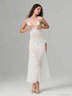 3D Flower Decor Backless Deep V Slit See-Through Beach Floral Dress image 4