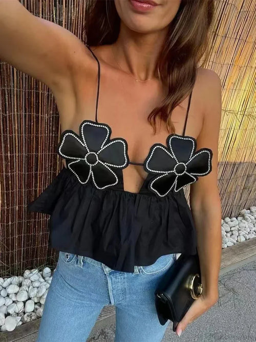 3D Flower Spaghetti Strap Backless Crop Top image 1