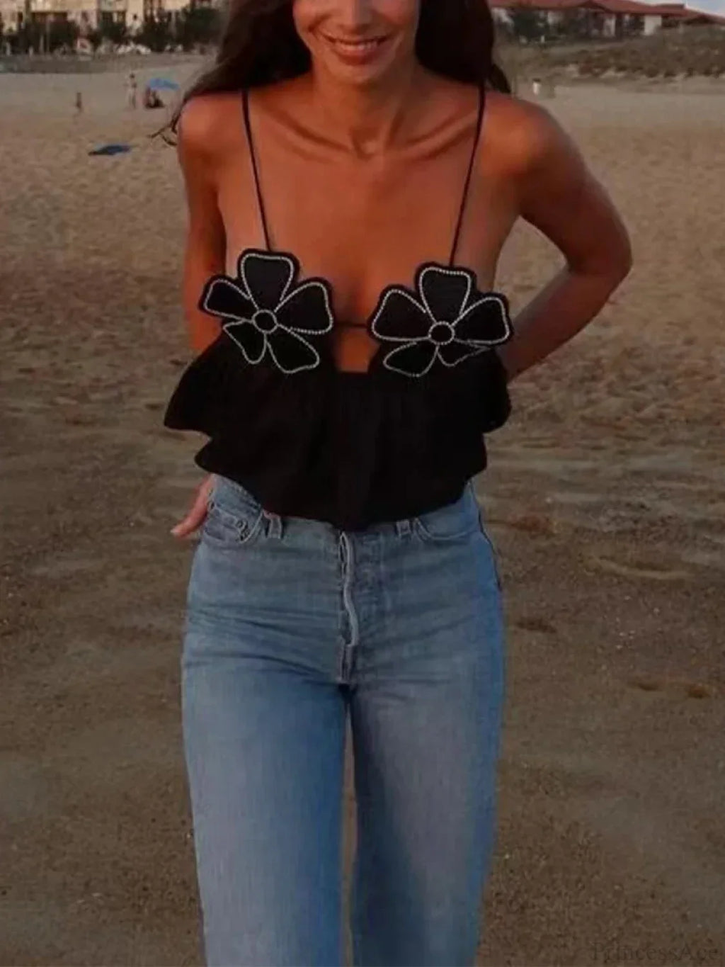 3D Flower Spaghetti Strap Backless Crop Top image 3