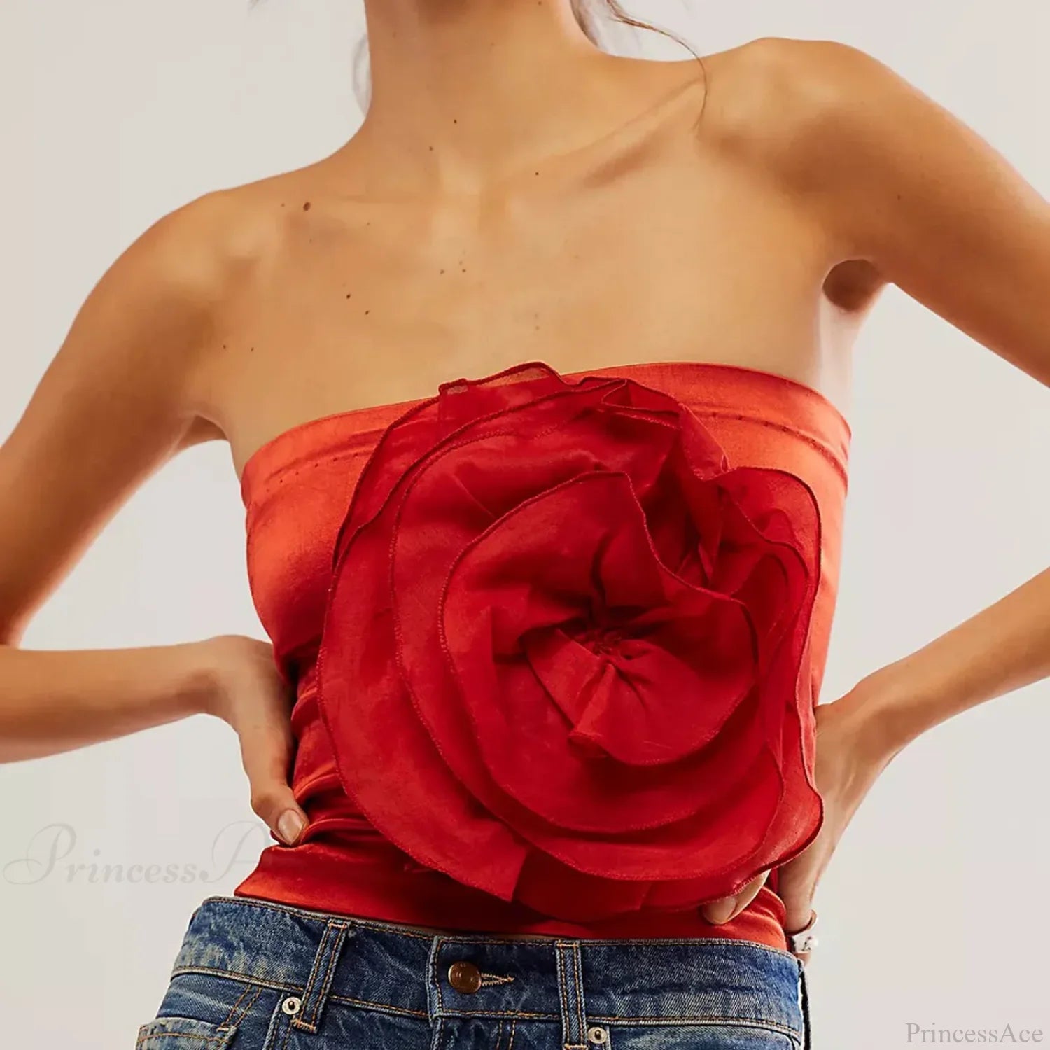 3D Flower Strapless Mesh Bandeau Crop Top Summer Streetwear image 1