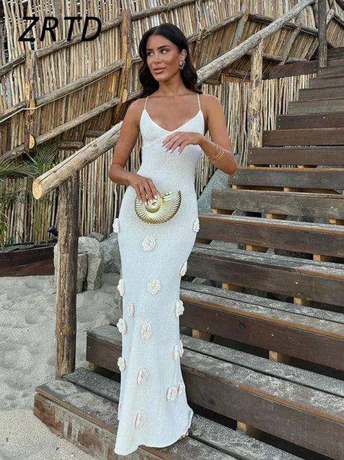 3D Flower V-neck Backless Lace-Up Maxi Floral Dress image 1