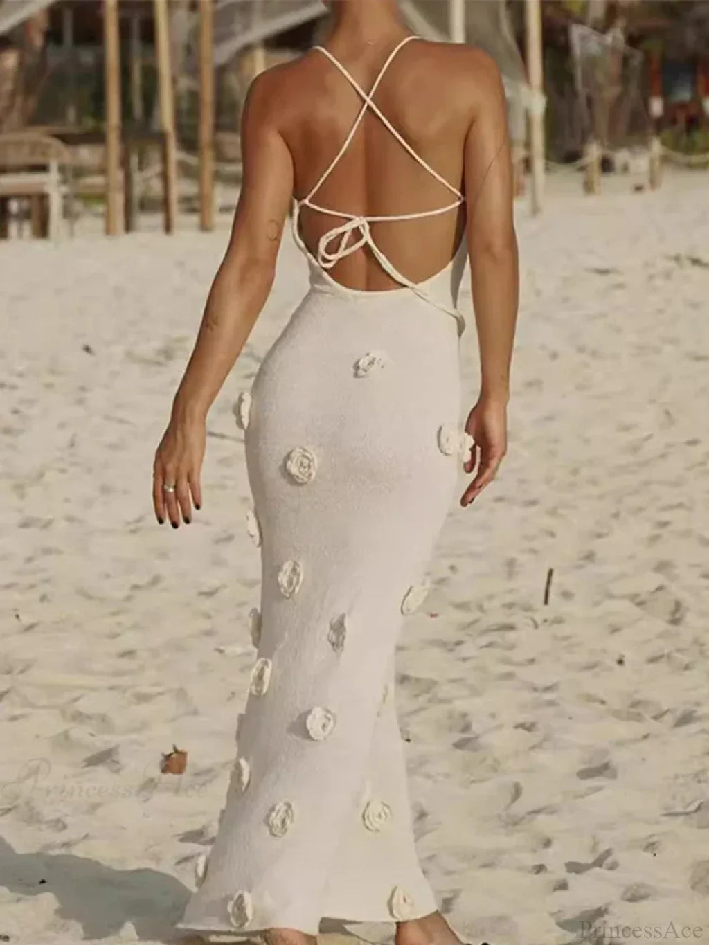 3D Flower V-neck Backless Lace-Up Maxi Floral Dress image 6