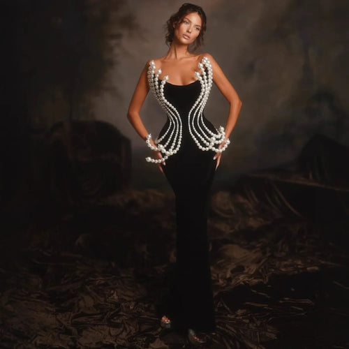 3D Pearl Strapless Bandage Prom Dress image 1
