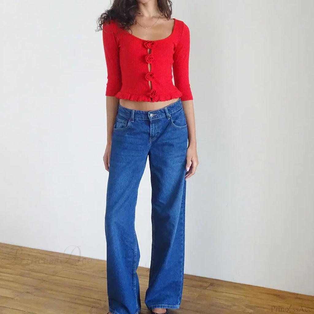 3D Rosette Front Hollow Out Vintage Half Sleeve Elegant Lady Slim Fit Y2K Crop Top image 3