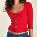 3D Rosette Front Hollow Out Vintage Half Sleeve Elegant Lady Slim Fit Y2K Crop Top image 2