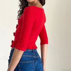 3D Rosette Front Hollow Out Vintage Half Sleeve Elegant Lady Slim Fit Y2K Crop Top image 4