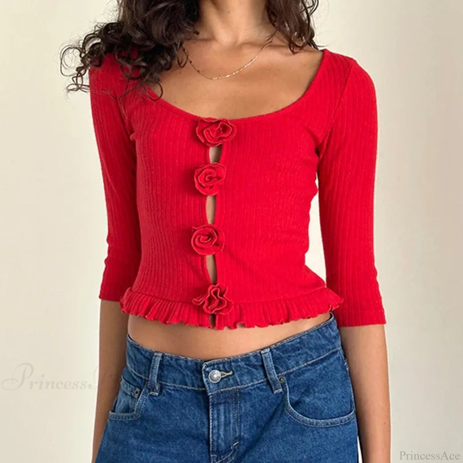 3D Rosette Front Hollow Out Vintage Half Sleeve Elegant Lady Slim Fit Y2K Crop Top image 1