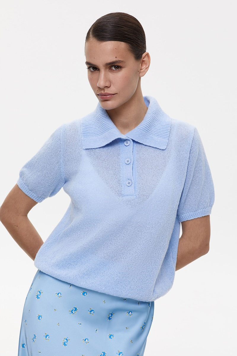 Minimalist Polo Hollow Knit Puff Sleeve Blouse image 15