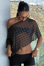 Chiffon Polka Dot Asym Shoulder Blouse image 2