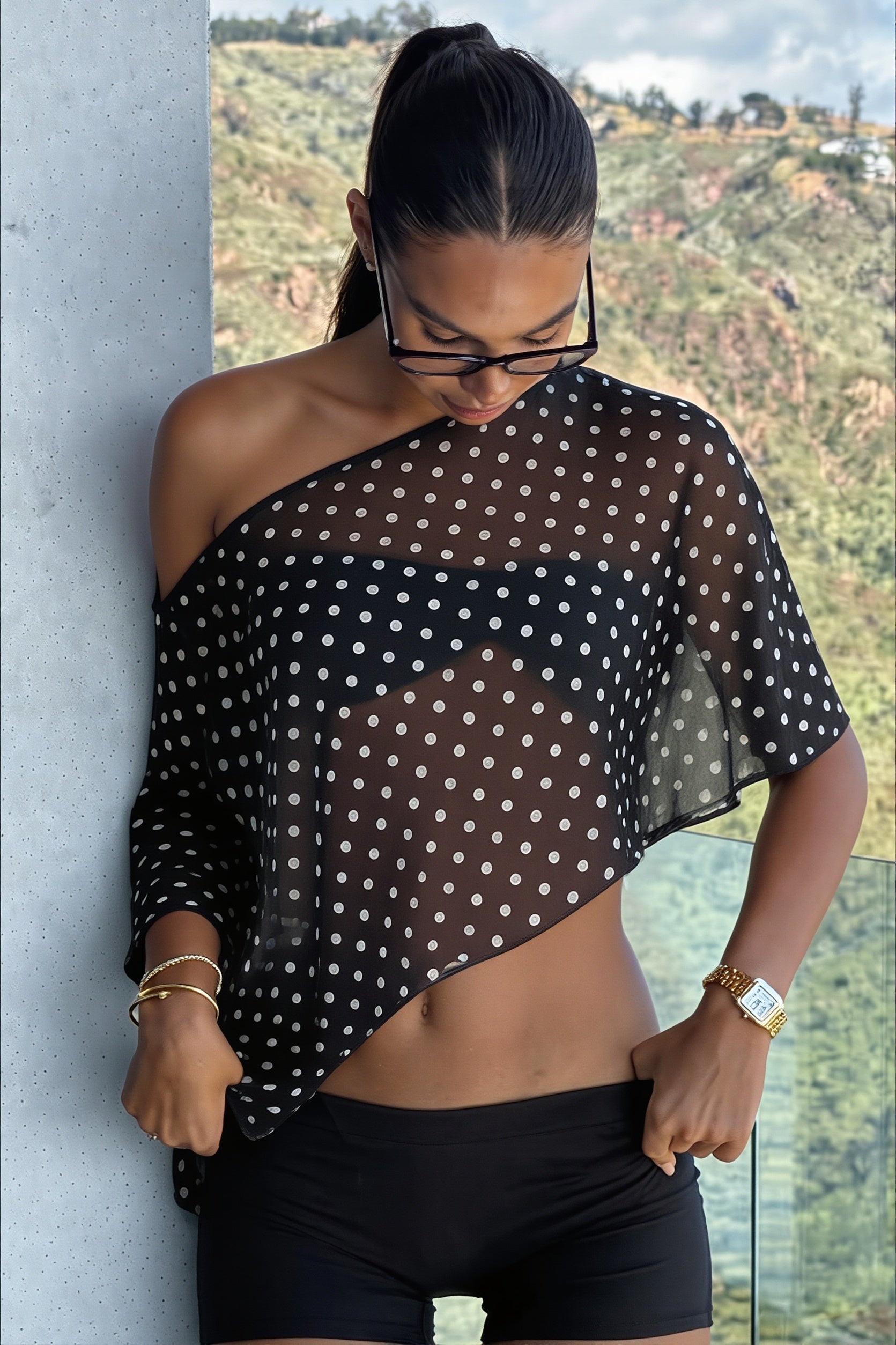 Chiffon Polka Dot Asym Shoulder Blouse image 2