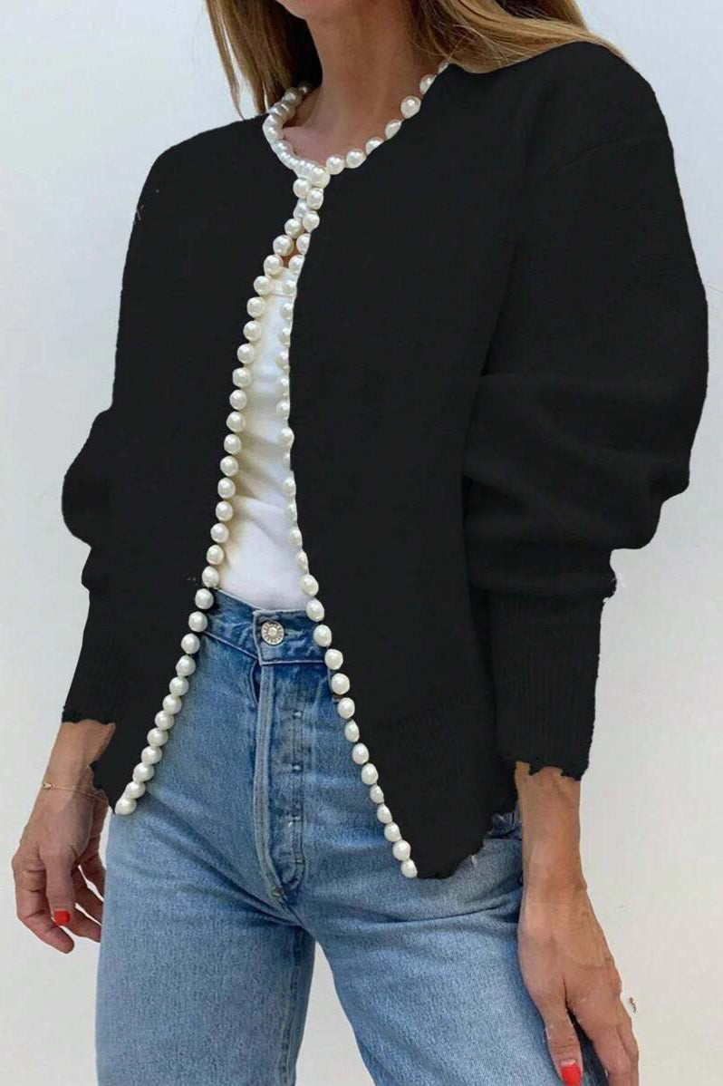 Pearl-Trimmed Crew-Neck Heavy-Detail Knit Cardigan image 4