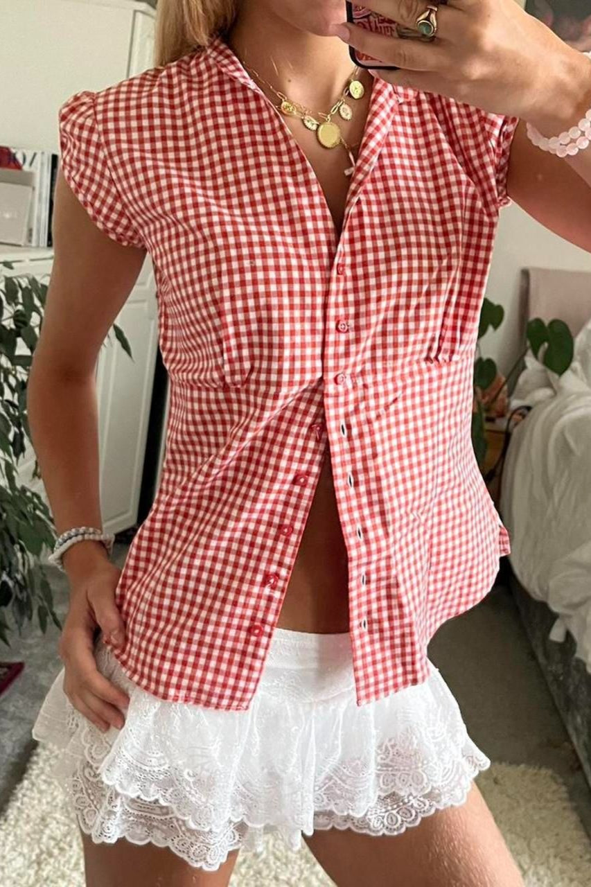 Versatile Red White Plaid Blouse image 2