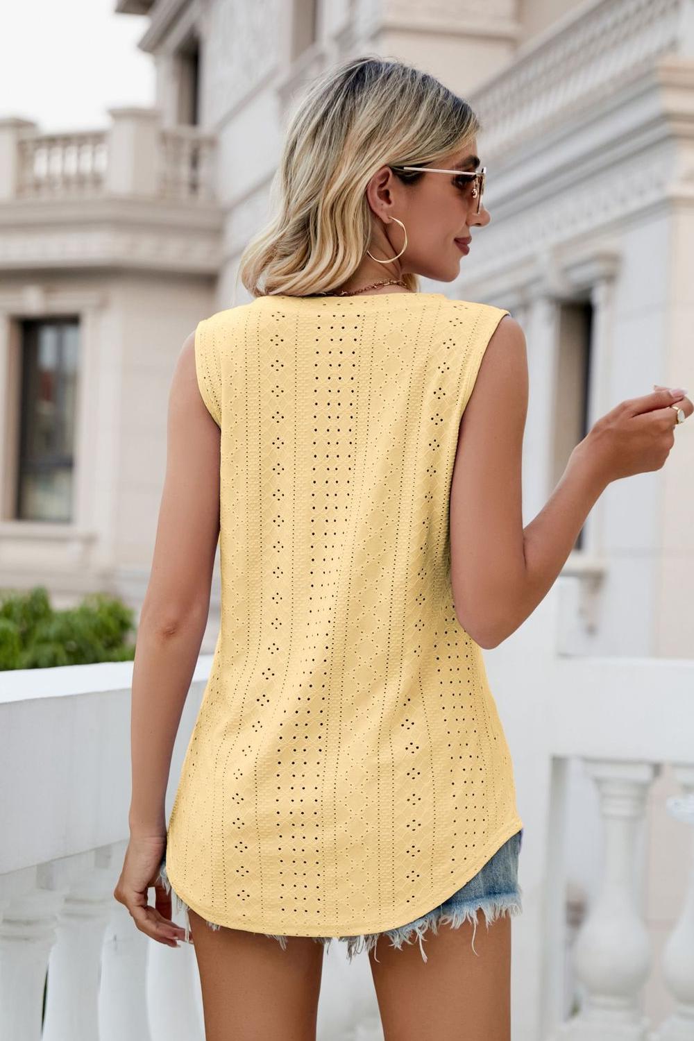 Gia Eyelet Tank detail view styled for Avrienne