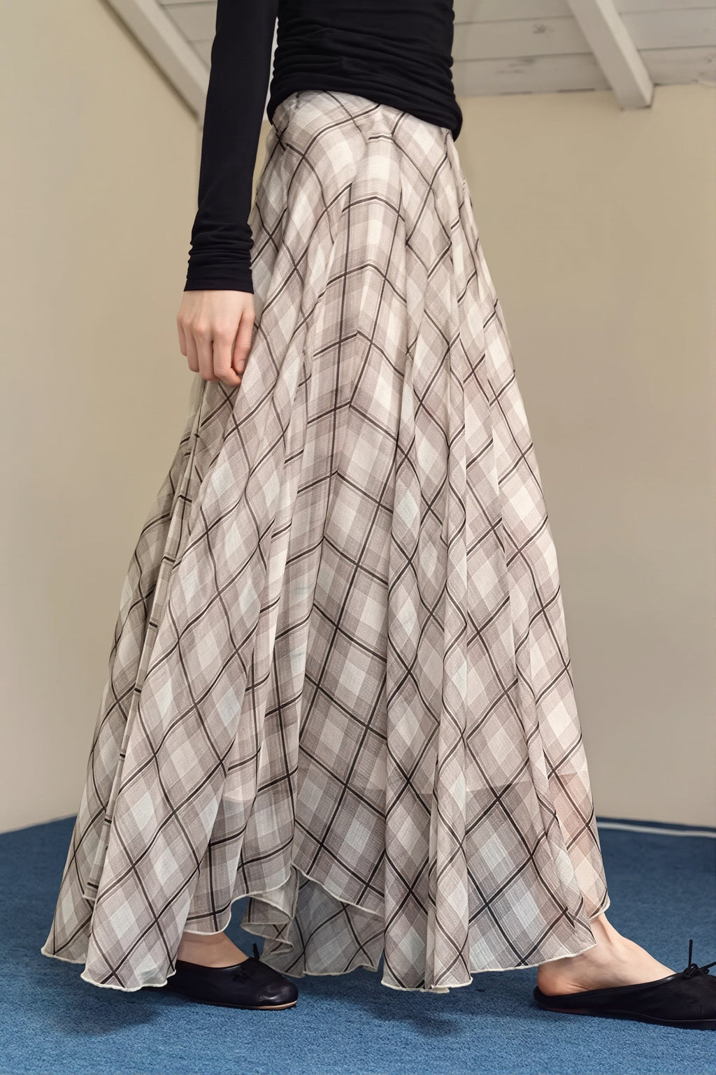 Gentle Style Draped Slim Plaid Maxi Skirt image 2