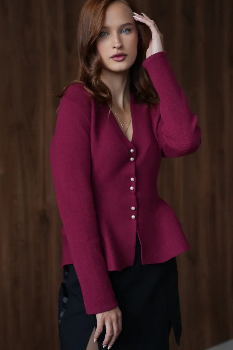 Solid Fitted Ruffled Hem Long Sleeve Knit Cardigan image 3