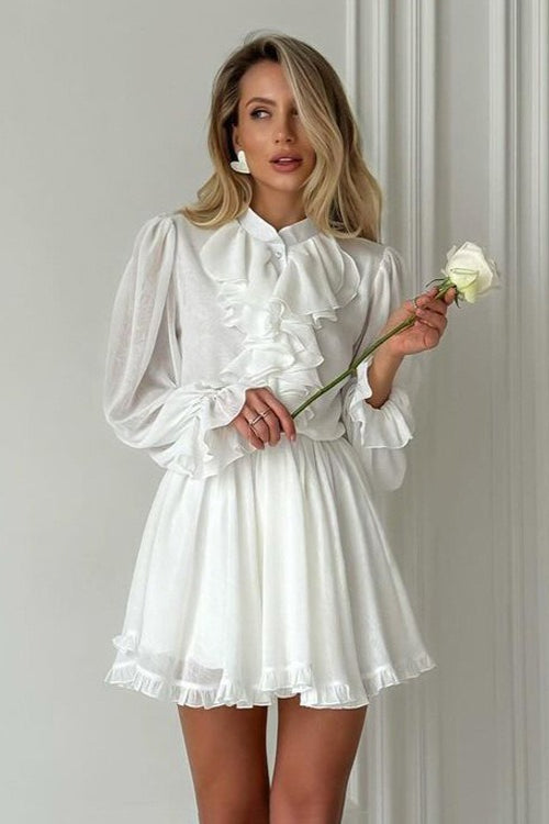 Elegant Ruffled Stand Collar Long Sleeve Mini Dress image 1