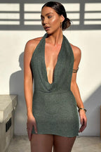 V-Neck Backless Strap Wool Bodycon Mini Dress image 1