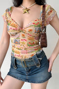 Floral Mesh Slim V Neck Tube Blouse image 2