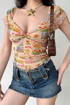 Floral Mesh Slim V Neck Tube Blouse image 2