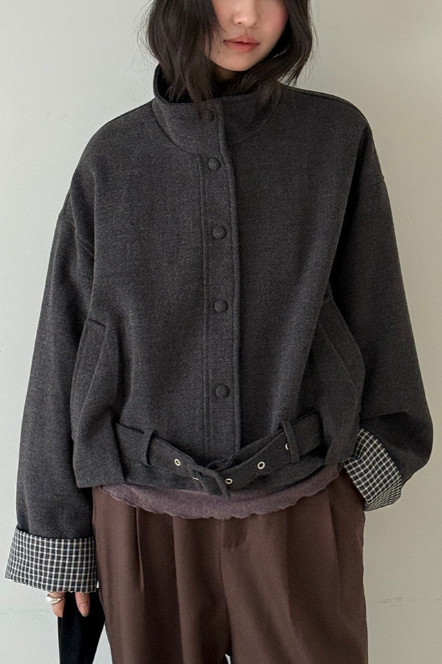 Short Cuffed Check Pieced Stand Collar Wool Coat image 2