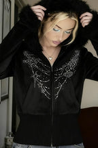 Gothic Rhinestone Fur Paneled Slim Hoodie image 3