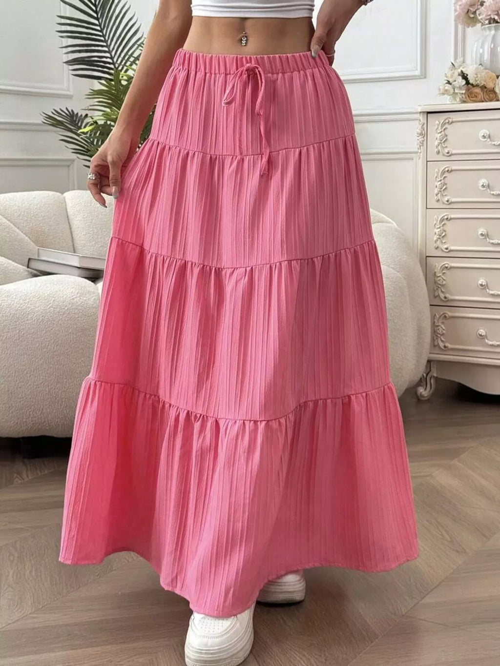 Capri Tiered Maxi Skirt detail view styled for Avrienne