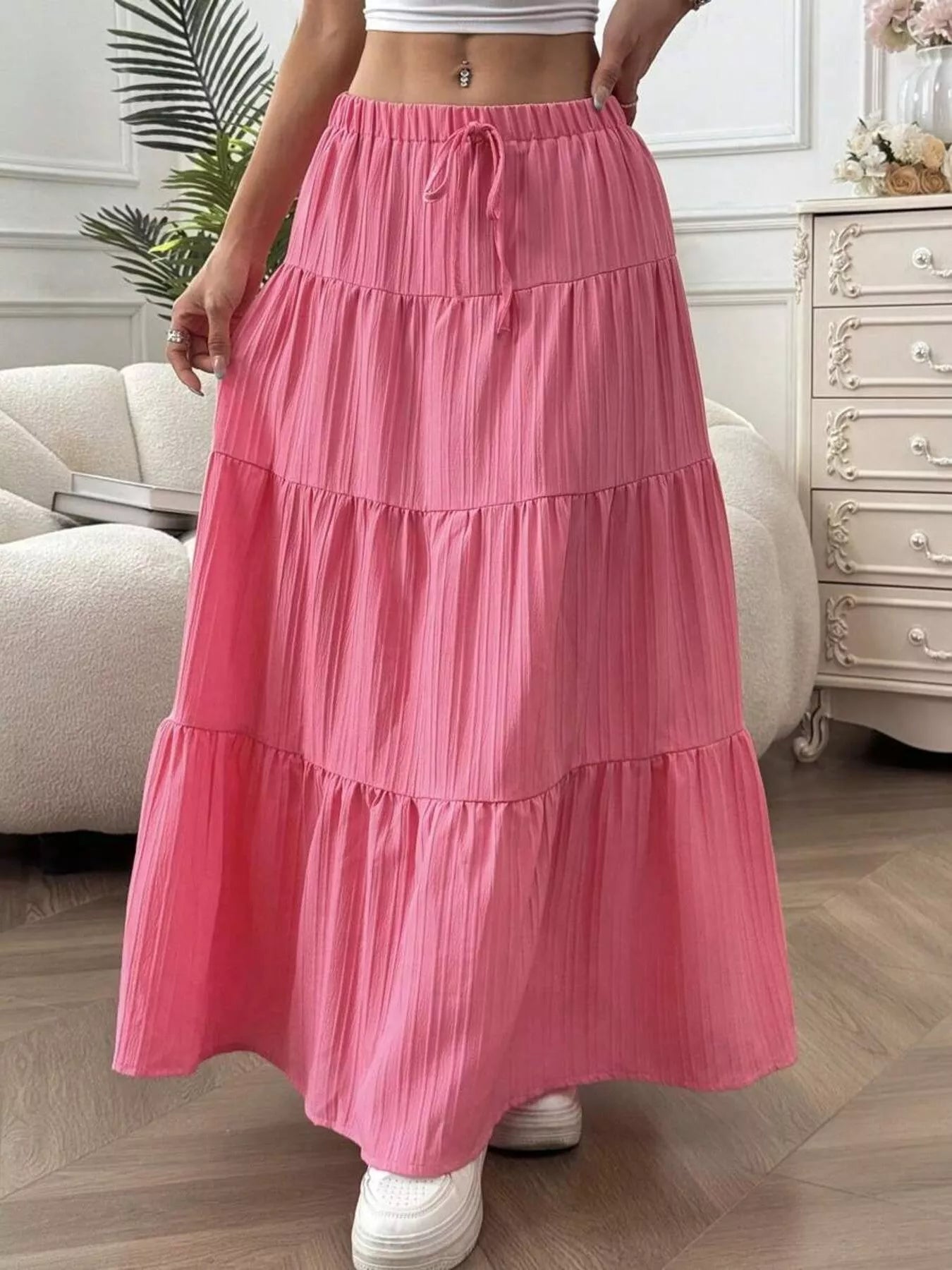 Capri Tiered Maxi Skirt detail view styled for Avrienne