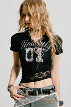Lace Patchwork Cropped Slim T-shirt image 2