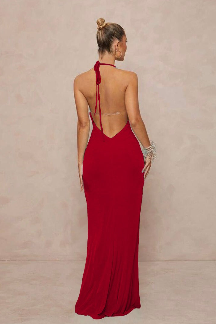 Deep V Halter Ruched Metal Trim Backless Maxi Dress image 18