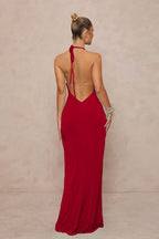 Deep V Halter Ruched Metal Trim Backless Maxi Dress image 18