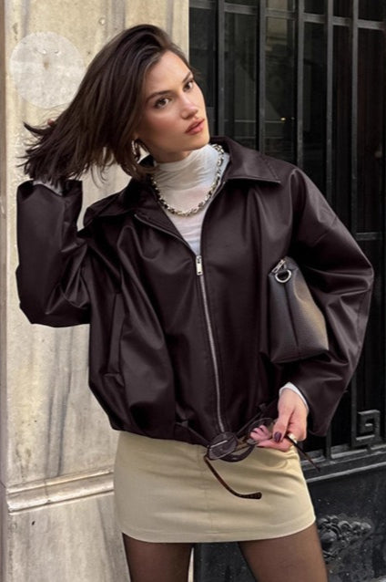 Brown Retro Biker Leather Jacket image 2