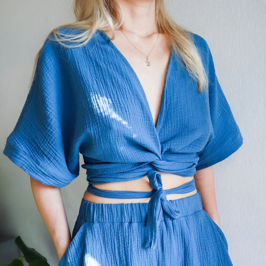 Minimalist Solid Cotton Tie Side Blouse image 1