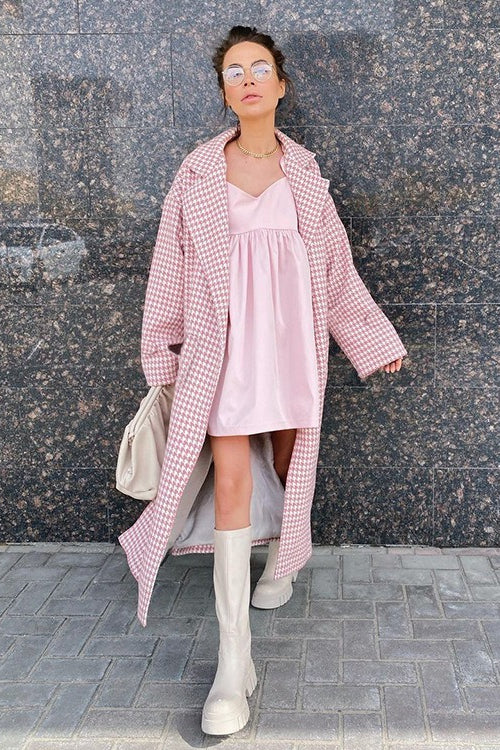 Houndstooth Long Trench Coat Chic Elegant Overcoat image 6