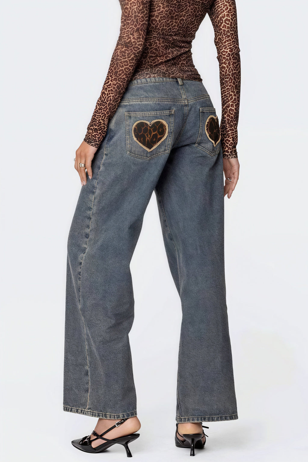 Heart Leopard Low Waist Straight Jeans image 1