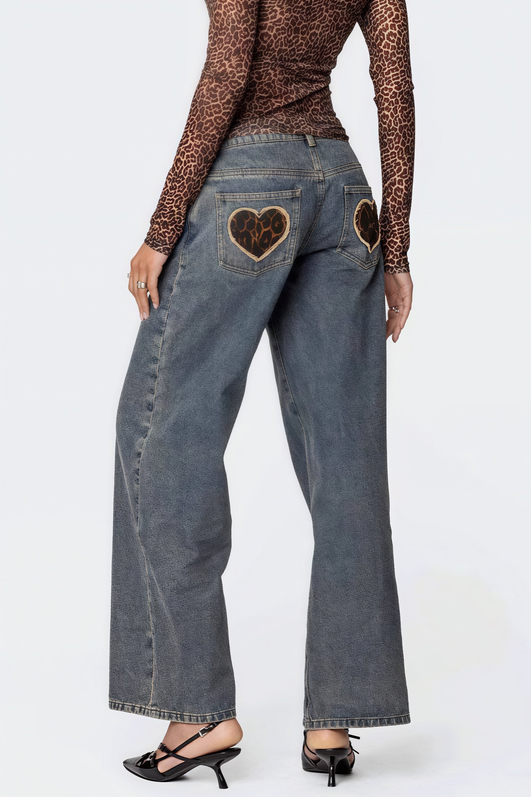 Heart Leopard Low Waist Straight Jeans image 1