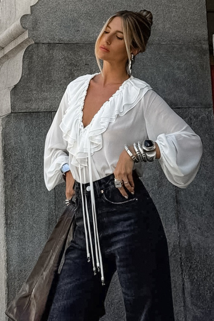 White Ruffled V Neck Lantern Sleeve Blouse image 5