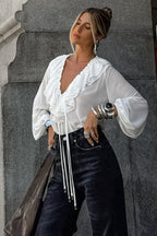 White Ruffled V Neck Lantern Sleeve Blouse image 5