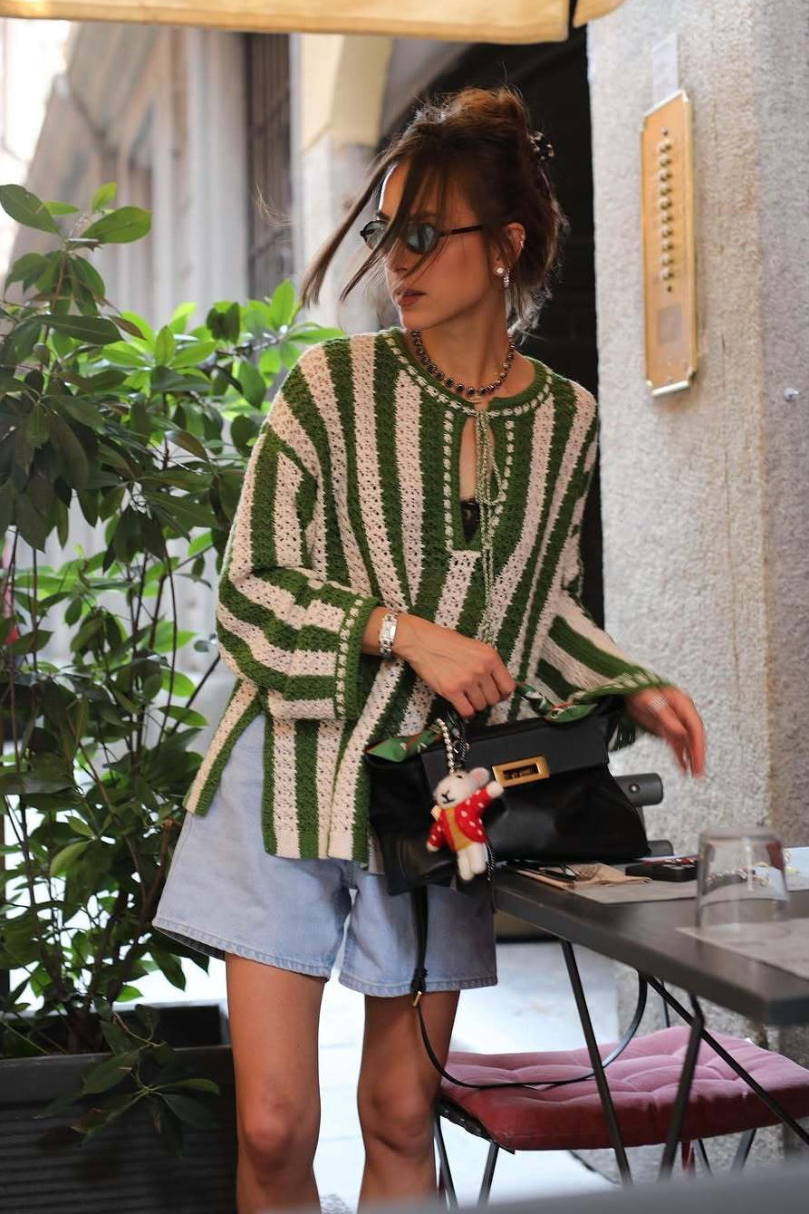 Green White Striped Tie Front Sweater image 1