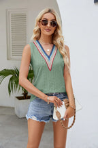 Maelle Eyelet Tank detail view styled for Avrienne