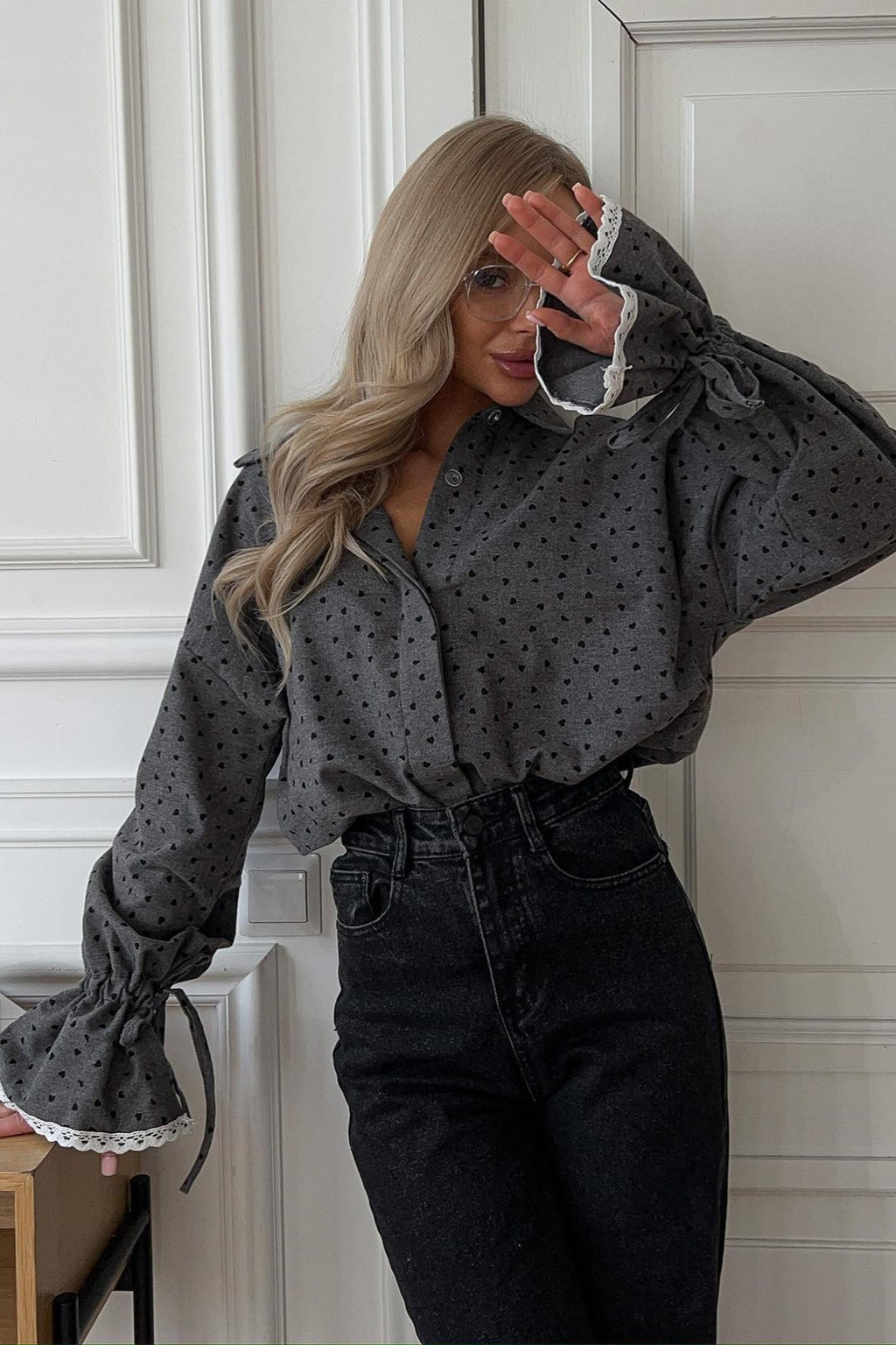 Lace Cuff Polka Dot Collar Blouse image 2