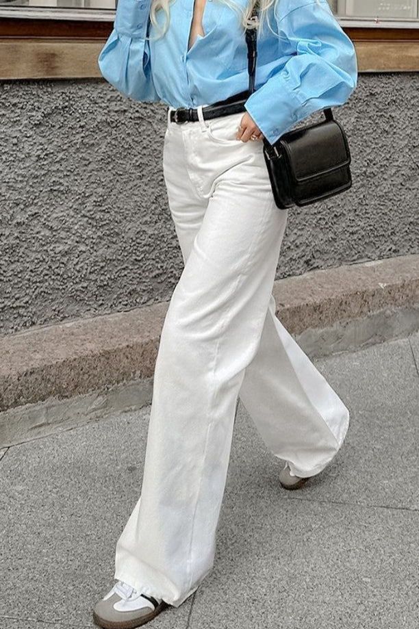 White Cotton Twill High Waisted Straight Leg Jeans image 5