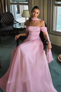 Elegant Satin Mesh Off Shoulder Prom Dress image 2