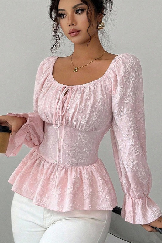 U Neck Tie Long Sleeve Designer Blouse image 2