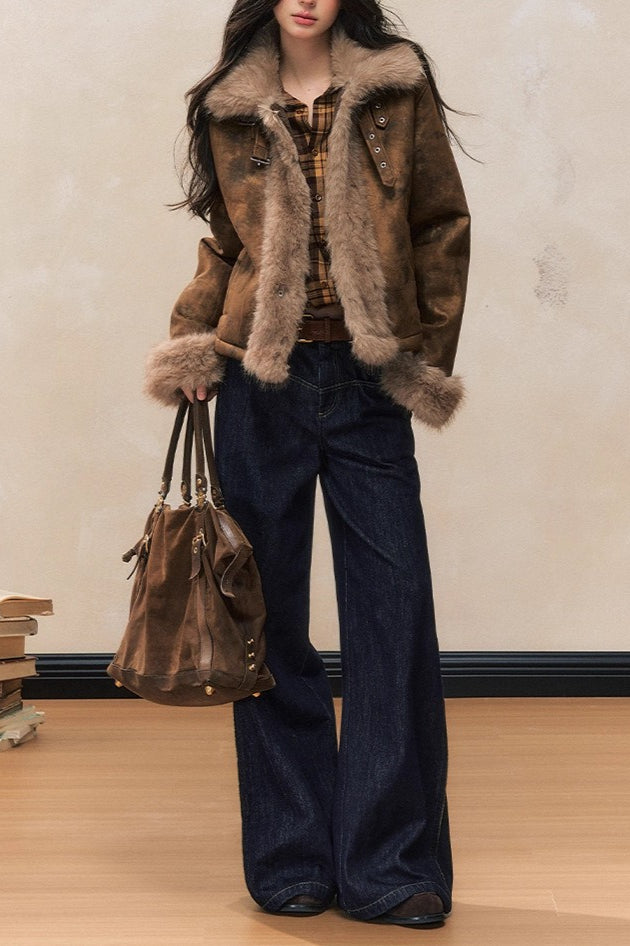 Brown Faux Fur Trim Wool Blend Coat image 6