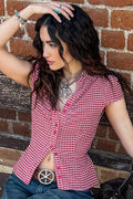 Preppy Plaid Button Down Collar Slim Blouse image 2