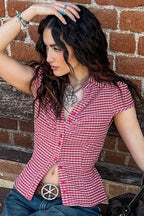 Preppy Plaid Button Down Collar Slim Blouse image 2