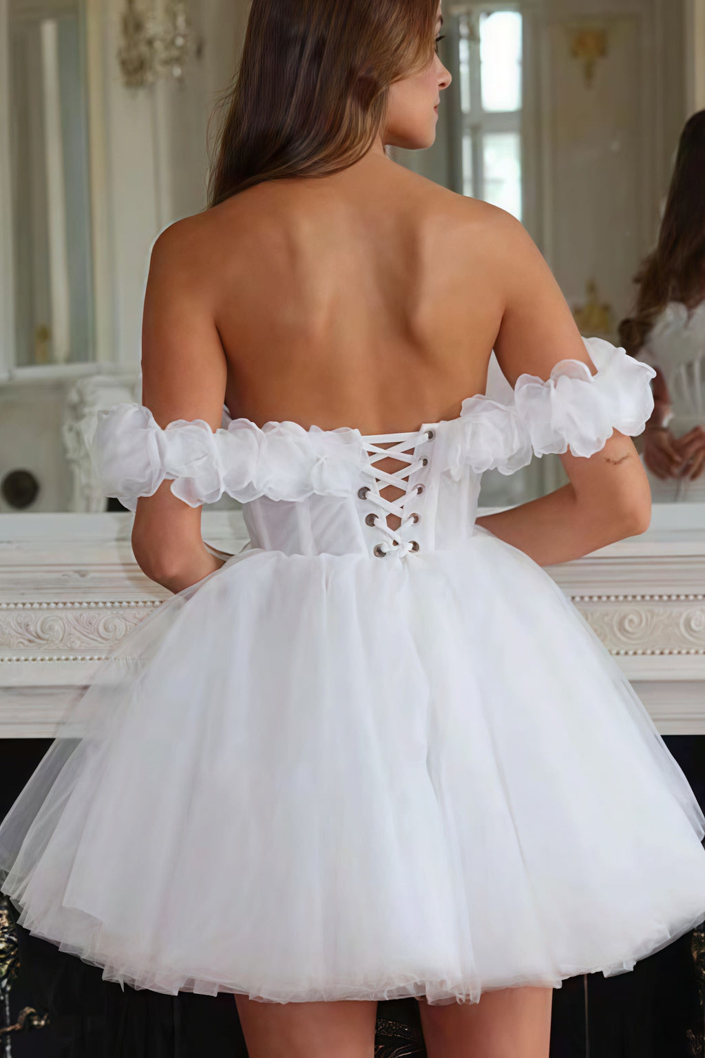 Elegant Off Shoulder Flower Boned Tulle Reception Dress image 2