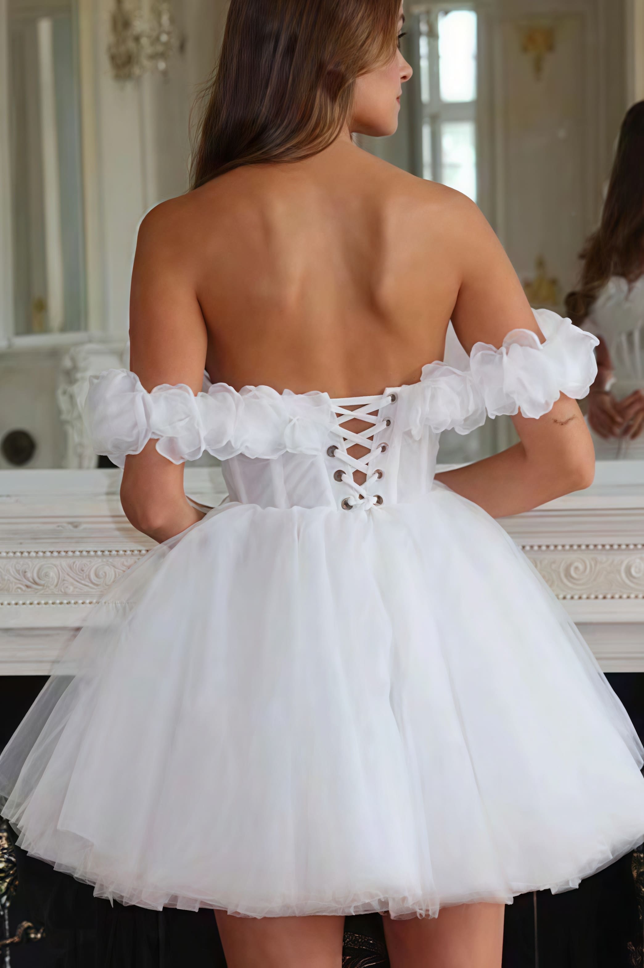 Elegant Off Shoulder Flower Boned Tulle Reception Dress image 2