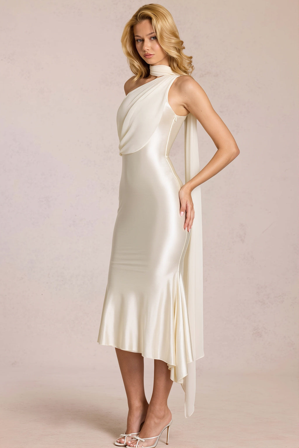 One Shoulder Mesh Satin Maxi Dress image 7