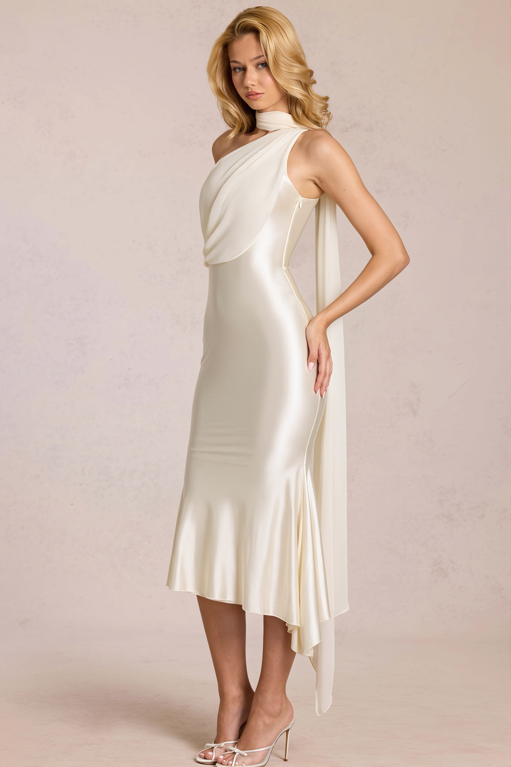 One Shoulder Mesh Satin Maxi Dress image 7